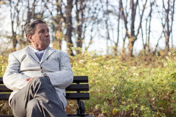 Retrato Anciano Pensativo Sentado Banco Parque Público Aire Libre Viejo —  Fotos de Stock