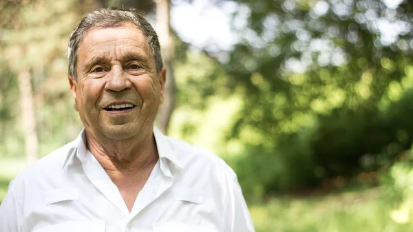 Retrato Homem Sênior Sorridente Natureza Olhando Para Câmera — Fotografia de Stock