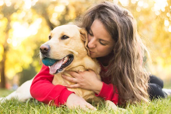 Young Smiling Woman Her Cute Dog Public Park — Stock Photo, Image
