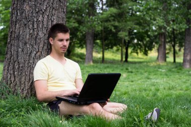 Güzel, genç bir erkek parkta oturmuş dizüstü bilgisayarla sohbet ediyor.