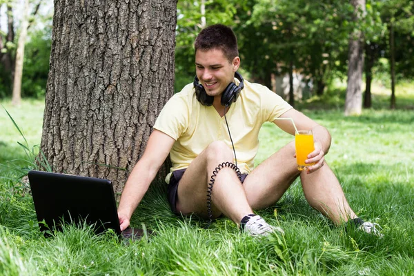 Güzel, genç bir erkek parkta oturmuş dizüstü bilgisayarla sohbet ediyor.