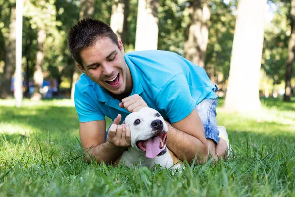 Halk parkında bir adam ve köpek sarılıyor.