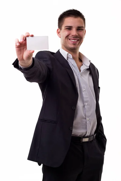 Geschäftsmann Zeigt Seine Visitenkarte Isoliert Auf Weiß — Stockfoto