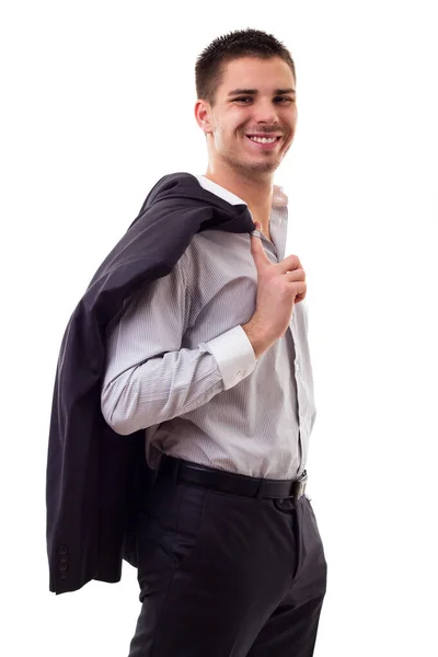 Perfil Lateral Joven Hombre Negocios Sonriente Aislado Blanco — Foto de Stock