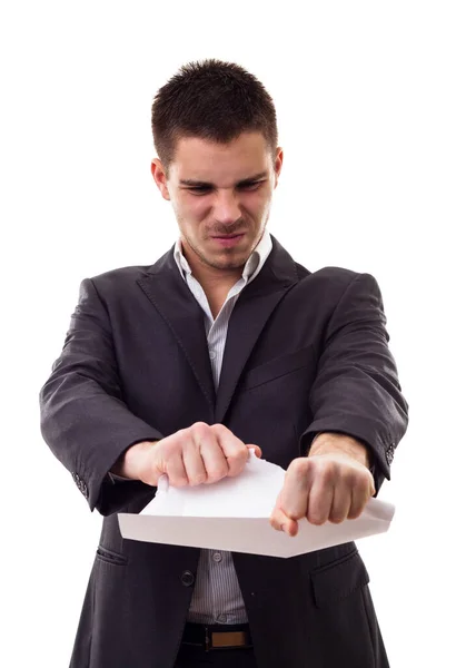 Kızgın Genç Adam Yırtılmış Kağıt Beyaz Üzerine Izole — Stok fotoğraf