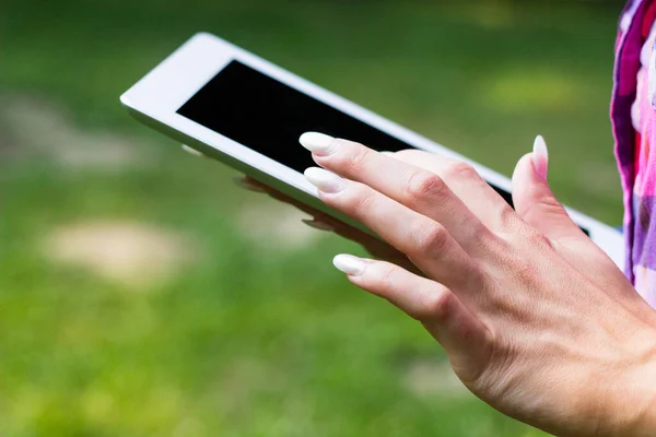 Manos Femeninas Usando Una Tableta Digital Naturaleza —  Fotos de Stock