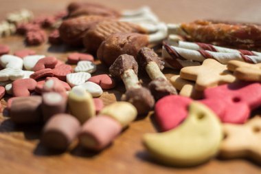 Ahşap arka planda köpek renkli bisküviler.