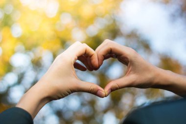 Elleriyle kalp sembolü. Doğa bokeh arkaplanı