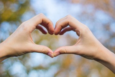 Elleriyle kalp sembolü. Doğa bokeh arkaplanı