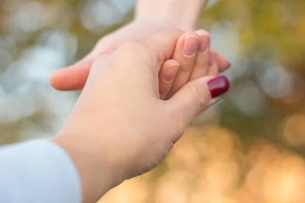 Sisters Hold Hands Nature Bokeh Background — Zdjęcie stockowe