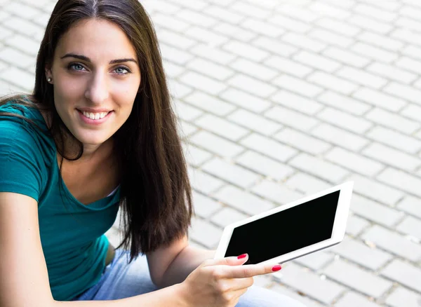 Happy Young Woman Digital Tablet City Looking Camera — Zdjęcie stockowe