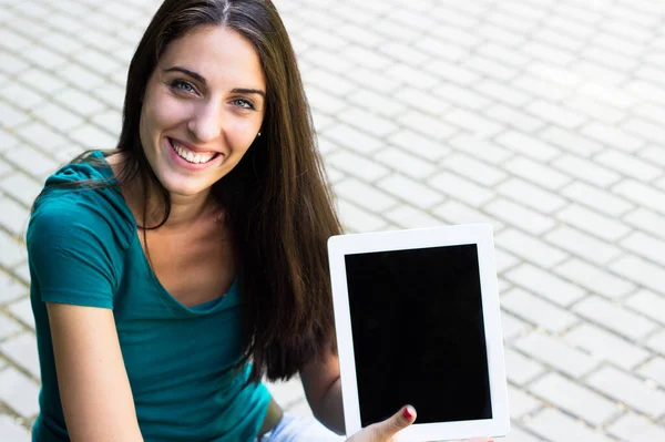 Happy Young Woman Digital Tablet City Looking Camera — Zdjęcie stockowe