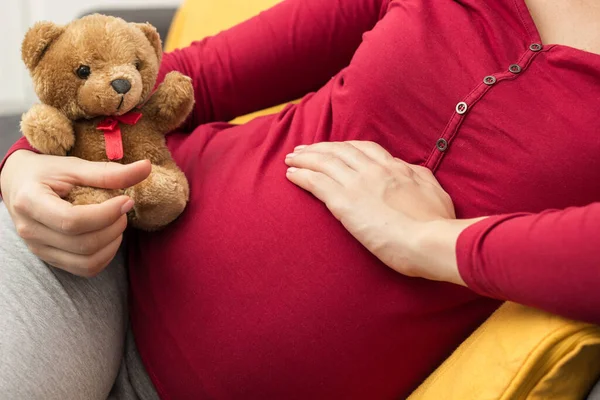Woman Enjoying Pregnancy Home Pregnant Woman Holding Teddy Bear Resting — стоковое фото