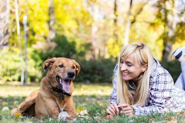 Happy Young Adult Woman Enjoys Time Park Her Dog — ストック写真