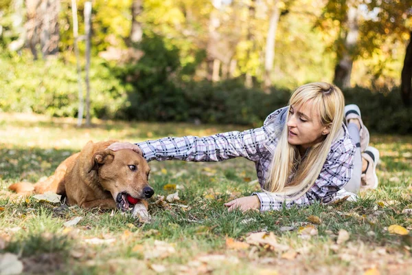 Happy Young Adult Woman Enjoys Time Park Her Dog — Stock fotografie