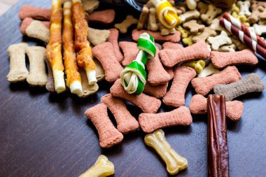 Köpek renkli bisküviler ahşap arka planda, köpekler için atıştırmalıklar.