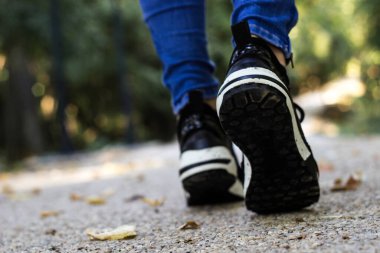 Doğada sonbahar yaprakları üzerinde yürümek