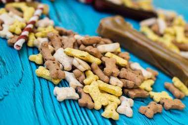 Turkuaz ahşap arka planda köpek kemikleri ve bisküviler