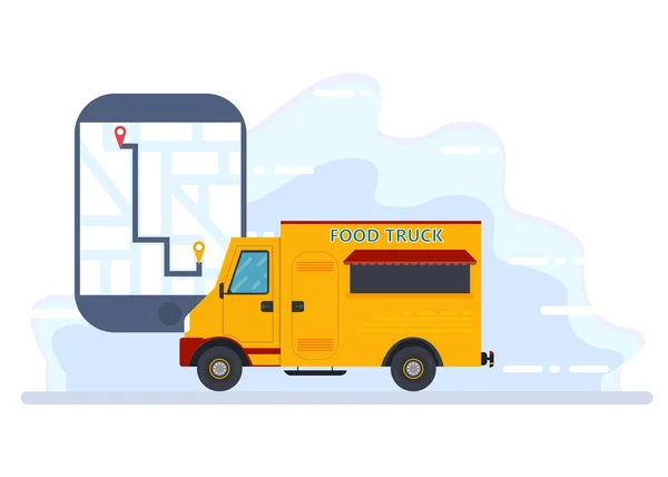 Food truck delivery service app on mobile phone. Delivery van and mobile phone with map on abstract color background. Flat style vector illustration.