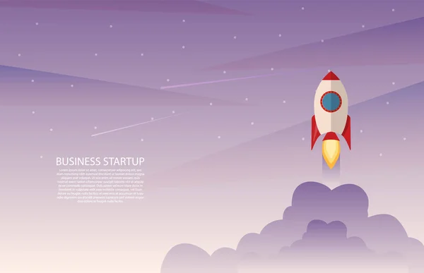 Startup business project, rocket flying above clouds. Vector illustration.