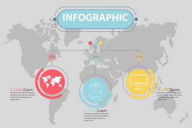 3 seçenekli sunum işi bilgi şablonu. Sunum ve iş akışı şeması için kullanılan vektör modern afişi, arkaplanda bir harita özeti olan web tasarımları.