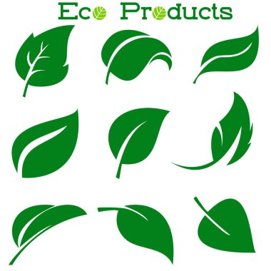 Beyaz arkaplanda izole edilmiş simge vektörü bırakır. Ağaçların ve bitkilerin çeşitli yeşil yaprakları. Eko logoları için elementler.