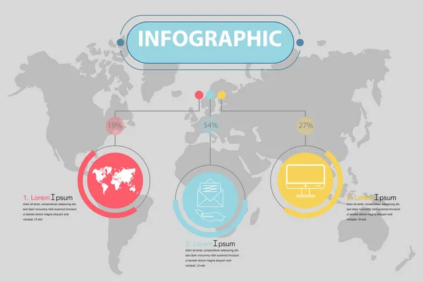 3 seçenekli sunum işi bilgi şablonu. Sunum ve iş akışı şeması için kullanılan vektör modern afişi, arkaplanda bir harita özeti olan web tasarımları.