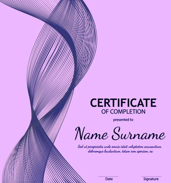 Sertifika veya diploma şablonu. Soyut menekşe rengi modern çizgilerle tamamlama şablonu sertifikası, pembe arkaplan üzerine dizayn edilen dalga
