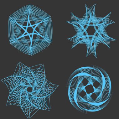 Siyah zemin üzerinde çok amaçlı vektör spirograf elementleri kümesi. Vektör illüstrasyonu