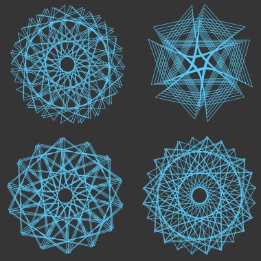 Siyah zemin üzerinde çok amaçlı vektör spirograf elementleri kümesi. Vektör illüstrasyonu
