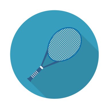 Düz ikon tenis roketinin vektör çizimi. Web ve mobil uygulamalar için uzun gölgeli düz vektör simgesi. Logo, piktogram, simge, bilgi ögesi olarak kullanılabilir..