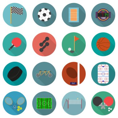 Düz dizayn edilmiş, uzun gölgeli spor simgeleri. Bölüm 2. Vektör illüstrasyonu