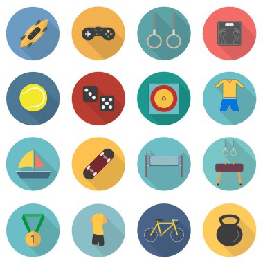 Düz dizaynlı, uzun gölgeli spor simgeleri seti. Bölüm 3. Vektör illüstrasyonu