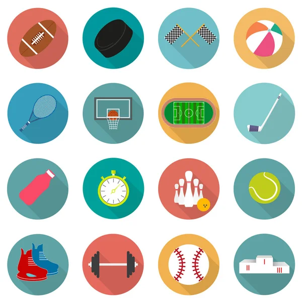 Düz dizaynlı, uzun gölgeli spor simgeleri seti Bölüm 1. Vektör illüstrasyonu