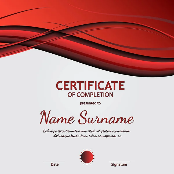 Açık kırmızı ve siyah dinamik arka planlı tamamlama şablonu sertifikası. Vektör illüstrasyonu