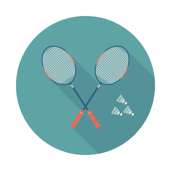 Badminton raketleri, uzun gölgeli düz kare simgeler. Spor sembolü vektör illüstrasyonu