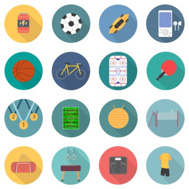 Düz dizayn edilmiş, uzun gölgeli spor simgeleri. Bölüm 5. Vektör illüstrasyonu