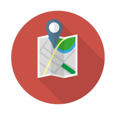 Uzun gölgeli düz dizayn edilmiş konum haritası simgesi. Navigatör ve harita göstergesiyle vektör illüstrasyon düz haritası