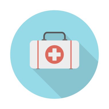 Uzun gölgeli ilk yardım çantası düz ikonu. Vektör illüstrasyonu