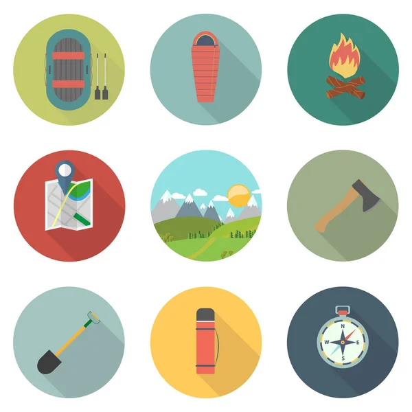 Düz simgeler: Macera ve Kamp, Seyahat ve Seyahat. Vektör illüstrasyonu