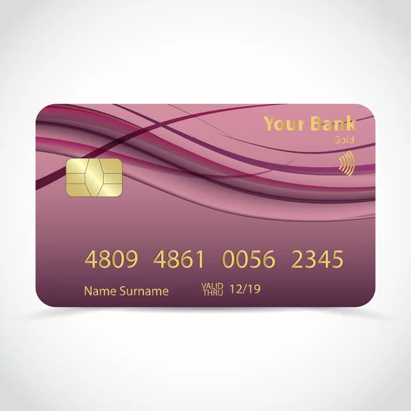 Mor dalgalı kıvrımlı çizgileri olan gerçekçi detaylı altın kredi kartı beyaz arka planda izole edilmiş. Vektör
