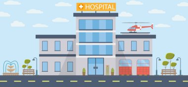 Hastanenin düz dizayn vektör illüstrasyonu. Helikopteri olan modern bir klinik. Vektör illüstrasyon arkaplanı