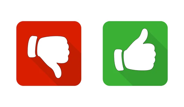 Kırmızı ve yeşil simgeleri yukarı aşağı göster. Vektör çizimi. Düz dizayndaki kare düğmeleri seviyorum ve sevmiyorum..