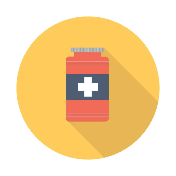 Plastik kavanoz ikonunda tabletler, düz bir şekilde, uzun gölgeli. Vektör illüstrasyonu