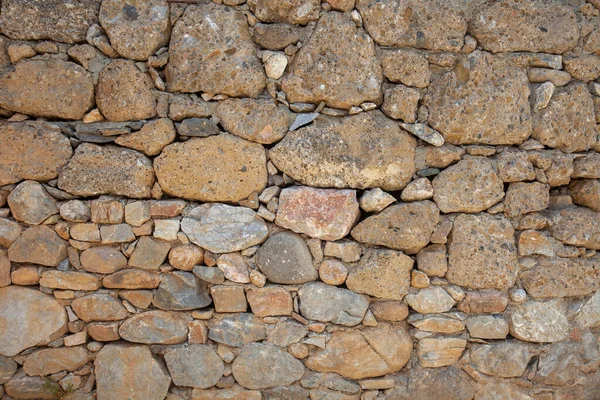An old stone wall was made using different types of stone. Stone wall background. Closeup and front view.