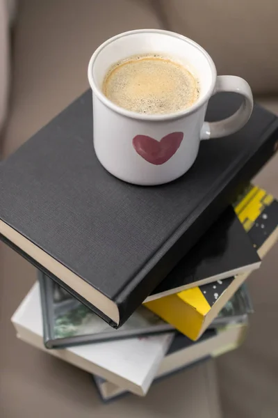 Stacked Books Cup Coffee — Stock Photo, Image