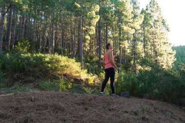 Gün batımında ormanda yürüyüş yapan genç bir kadın.