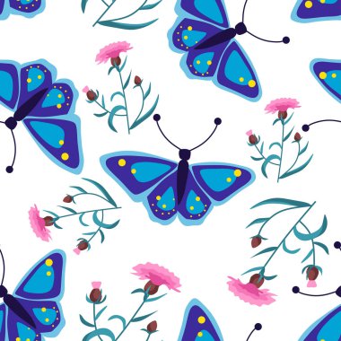 Kelebek ve çiçeklerle kusursuz vektör deseni. Ambalaj kağıdı, duvar kağıdı, kumaş, tekstil. Bahar arkaplanı