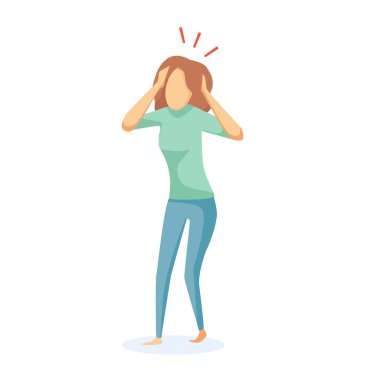 The woman suffers from headaches and migraines. Symptoms of a viral disease. Vector cartoon illustration