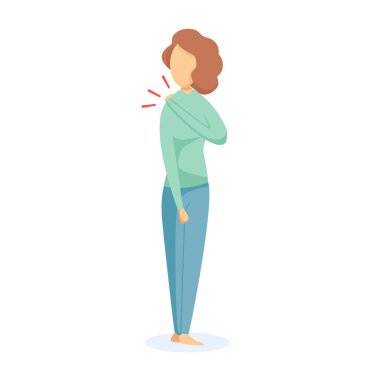 Illustration of a girl who has a shoulder pain. Vector cartoon illustration